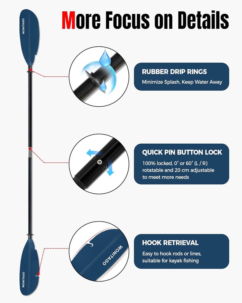 WONITAGO Angler Kayak Paddle with Fiberglass Shaft and Plastic Blade, Floating Adjustable Fihsing Kayak Oar, 220-240 cm/86-94", 240-260 cm/94-102", 260-280 cm/102-110" - Image 5
